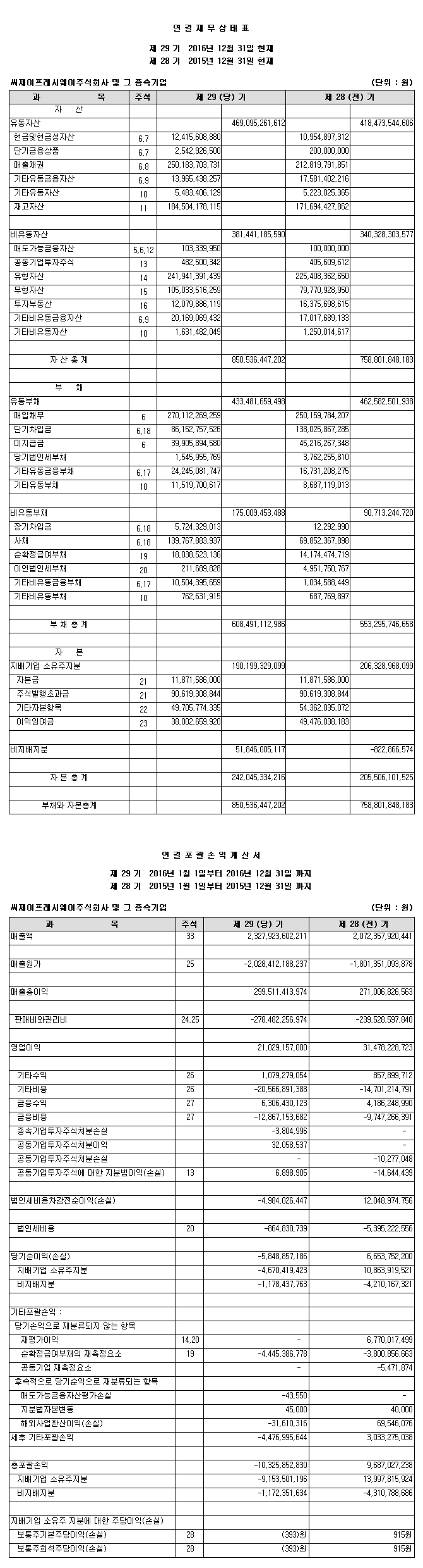 제 29기 재무제표(연결)